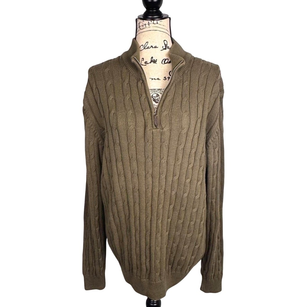 Lyle & Scott Scotland Cable Knit Sweater Cotton Quarter Zip Sz L Leather Pull